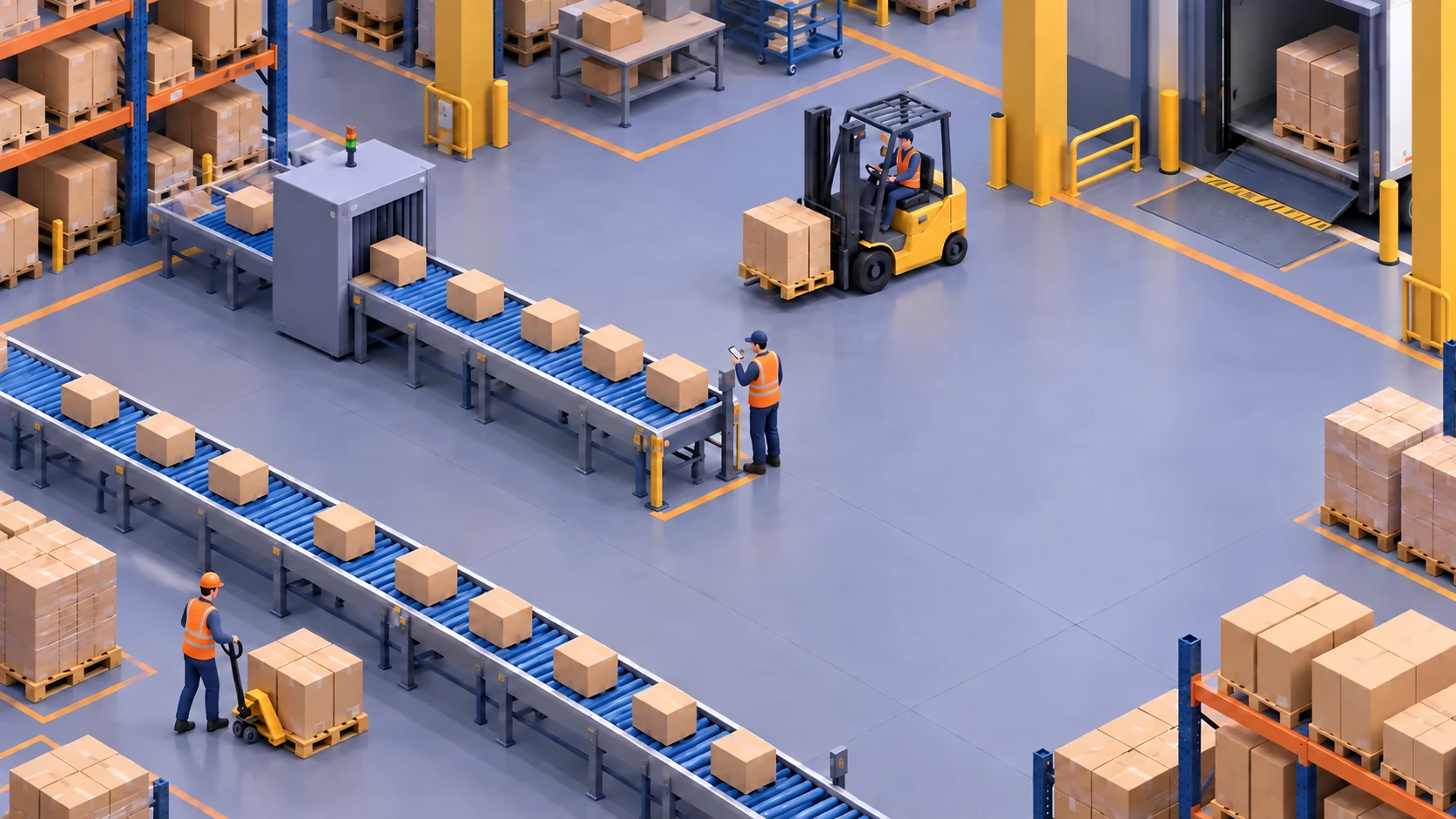 Warehouse worker standing on the floor beside a parcel conveyor, speaking into a phone